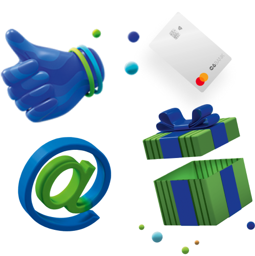 Ilustrações em 3D: uma mão fazendo sinal de ok, um cartão C6 Bank prateado, um @ e um pacote de presente nas cores azul e verde.