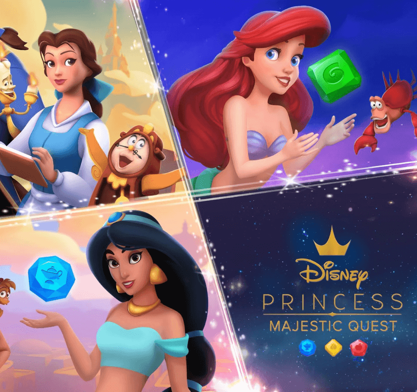 Montagem com as personagens Bela, Ariel e Princesa Jasmine, do jogo Disney Princess Majestic Quest.