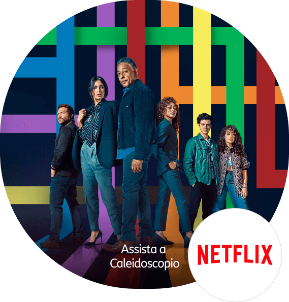 Poster promocional da série Netflix Caleidoscópio. Abaixo, logotipo do serviço de streaming