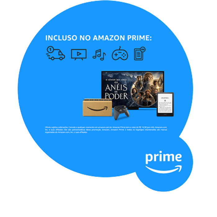 Montagem traz televisão com série Anéis do Poder, kindle com eBook e caixa de papelão com logotipo Amazon. Acima, lê-se: Incluso no Amazon Prime.